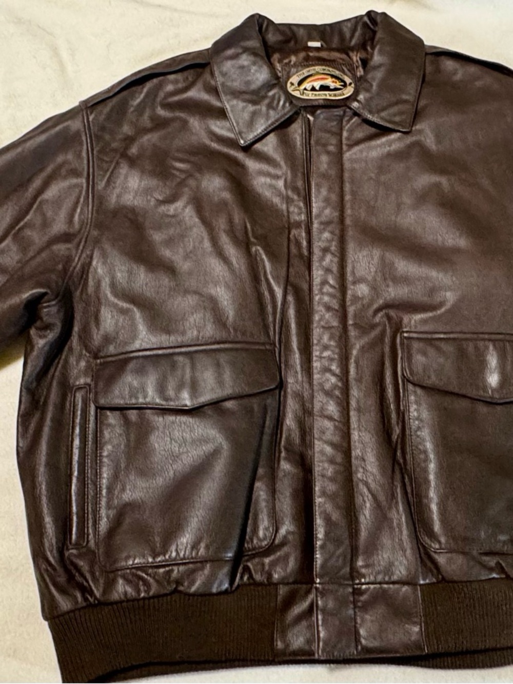 Men's Brown Leather Bomber Jacket with Front Flap Pockets